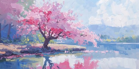 oil painting of a pink tree and blossoms near the river Generative AI