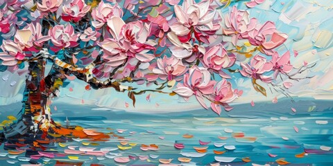 portrait of magnolia tree with pink flowers on the water Generative AI - obrazy, fototapety, plakaty