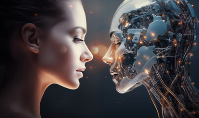 Cybergirl robotic humanoid and beautiful woman side-by-side eye-to-eye portraits view with futuristic digital and data transferring background. Artificial intelligence AI and human relations concept.
