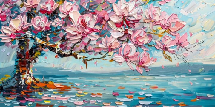 portrait of magnolia tree with pink flowers on the water Generative AI
