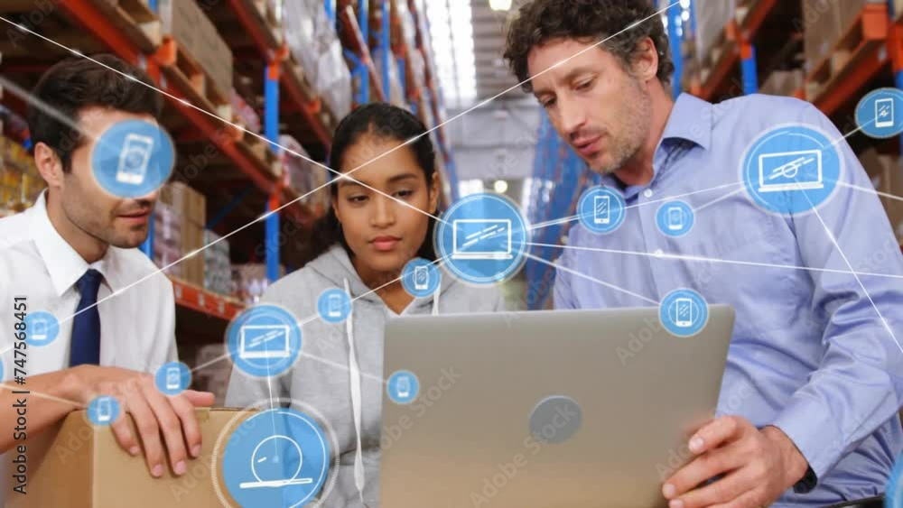 Poster animation of network of connections with icons over diverse workers using laptop in warehouse