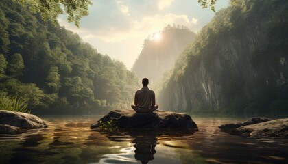 Man meditating in beautiful natural landscape