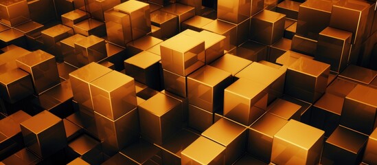 A cluster of gold-colored cubes stacked neatly on top of each other, creating an optical illusion in a stylish interior design setting. The boxes are arranged in a precise and orderly manner,
