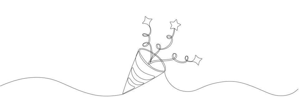 Drawing of continuous single editable line of holiday clapper with confetti with streamers and stars. Symbol of fun, celebration, surprise. Vector illustration in doodle style.