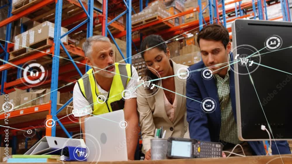 Poster animation of network of connections with icons over diverse workers using computer in warehouse