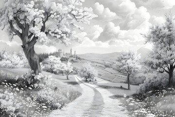 Spring Landscape Illustration. Pencil Drawing