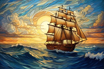a painting of a ship in the ocean