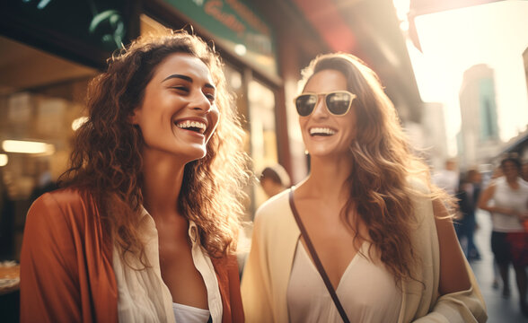 Portrait of cheerful smiling young women friends enjoy togetherness while shopping in big city malls. Women's friendship, relations, consumers and happiness concept image.
