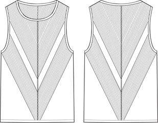 Women's Round Neck Knit, Rib Vest Top- Technical fashion illustration. Front and back, white colour. Women's CAD mock-up.
