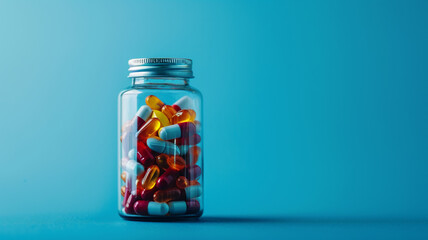 Pills in a jar on a blue background