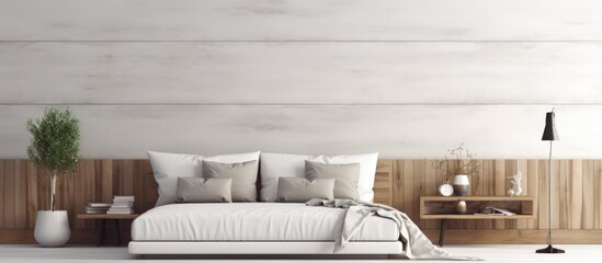 A white bed is positioned in a bedroom next to a wooden wall, creating a clean and minimalist interior design. The neutral color palette enhances the simplicity and elegance of the room.