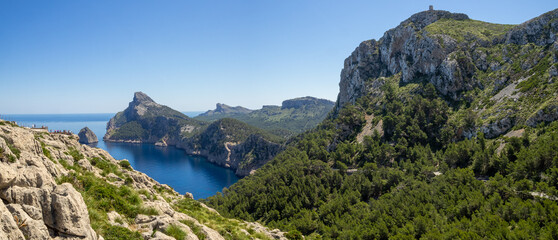 Cap Formentor rocky landscape and green forest panorama, Maiorca