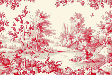 Traditional Red Toile Seamless Pattern.