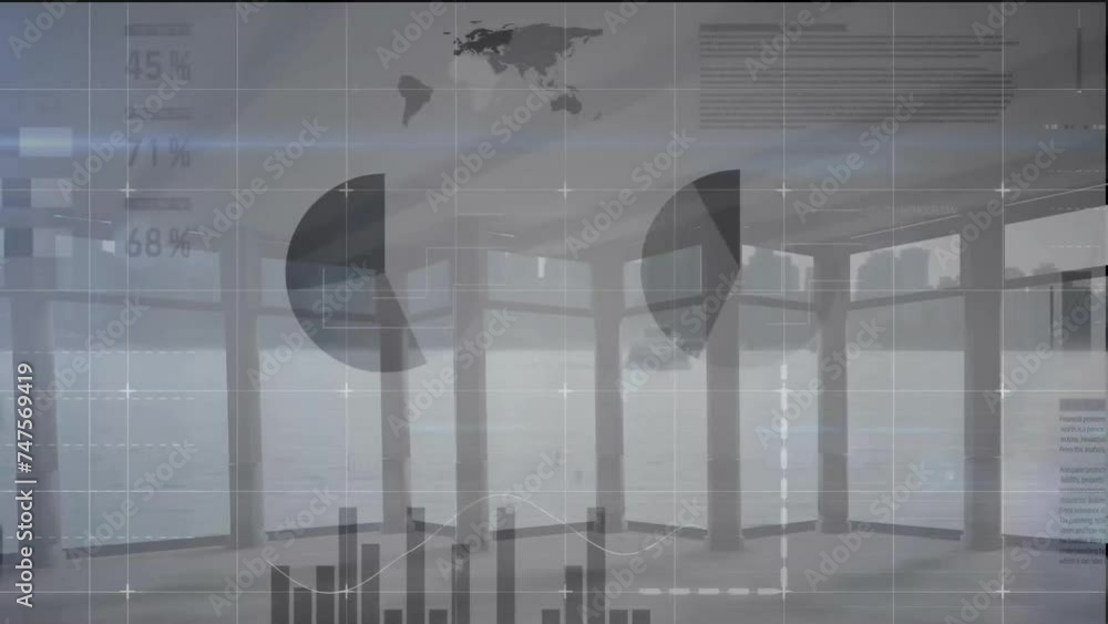 Poster Animation of data processing and diagrams over office