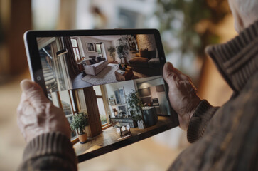 Man Checking the Interior of His House on a Digital Tablet with CCTV Camera, Smart Home Alarm Monitoring. Generative AI.