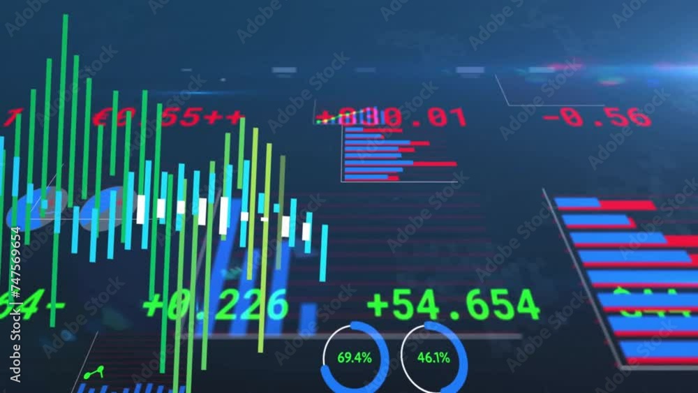 Aufkleber animation of data processing and diagrams over stock market