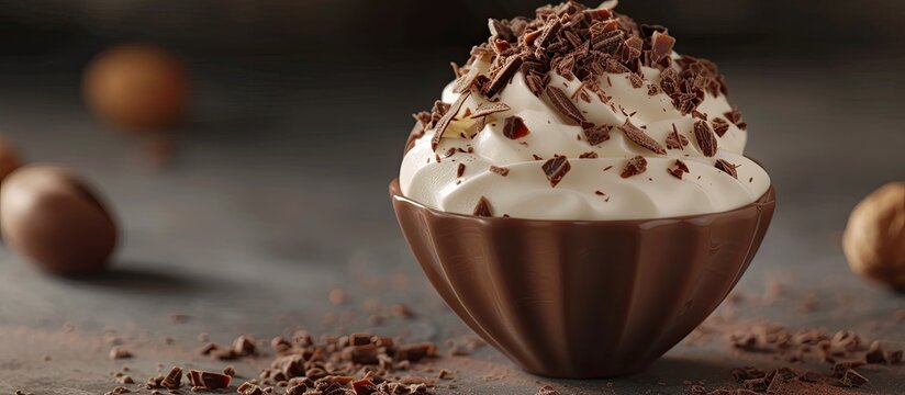 A tempting chocolate dessert consisting of a voulevant filled with sweet cream, topped generously with whipped cream and delicious chocolate shavings.