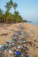 View of a beach full of plastic waste