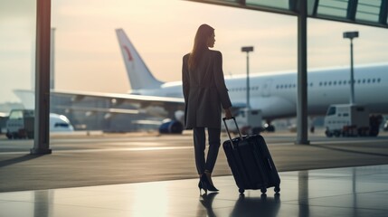 Beautiful businesswoman with suitcase at airport. Young businesswoman walking in the airport....