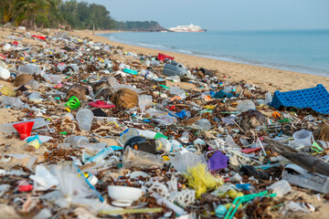 The sandy beach is littered with a lot of plastic waste.