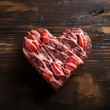 Tasty dessert for Valentine's day red velvet cake in shape of hearts