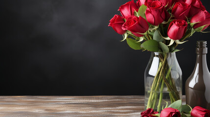 Flat lay composition with beautiful red roses and gift boxes on grey background. Valentine's Day celebration