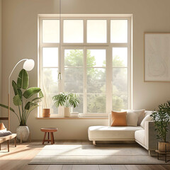 View of modern scandinavian style interior with artwork mock up on wall. 
