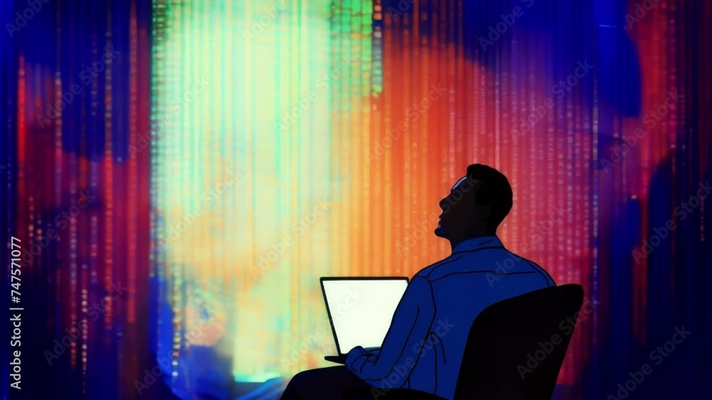 Poster a person sitting alone in front of a computer surrounded by a flurry of numbers and graphs represent