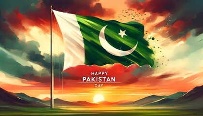Watercolor illustration of the pakistan national flag with a sunset in the background for pakistan day. - obrazy, fototapety, plakaty