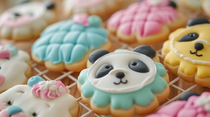 Fototapeta na wymiar Quilted cookies in vibrant pastel colors with panda image