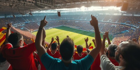 A group of soccer fans at a sports event, standing in a stadium with arms raised in a gesture of leisure and entertainment, engaged in a thrilling football competition. AIG41