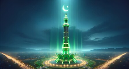 Realistic illustration of the minar e pakistan illuminated with green lights at night for pakistan day.