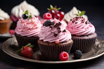 Close-up view photography of a tempting cupcakes on a rustic plate against a granite background. AI Generation