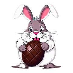 Colorful illustration of a cute fat Easter bunny holding a vivid chocolate Easter egg isolated on a transparent background.