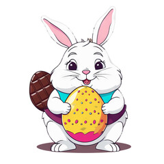 Colorful illustration of a cute fat Easter bunny holding a vivid chocolate Easter egg isolated on a transparent background.