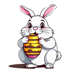 Colorful illustration of a cute fat Easter bunny holding a vivid chocolate Easter egg isolated on a transparent background.