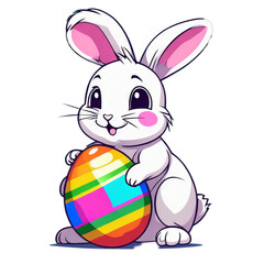 Colorful illustration of a cute Easter bunny holding a vivid chocolate Easter egg isolated on a transparent background.