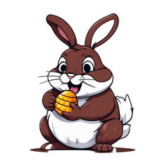 Colorful illustration of a cute fat Easter bunny holding a vivid chocolate Easter egg isolated on a transparent background.