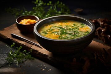Highly detailed close-up photography of a tasty miso soup on a wooden board against a granite background. AI Generation