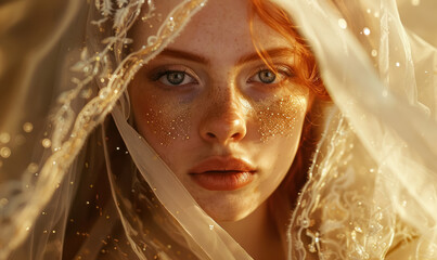 ethereal redhead woman with golden glitter under a translucent veil
