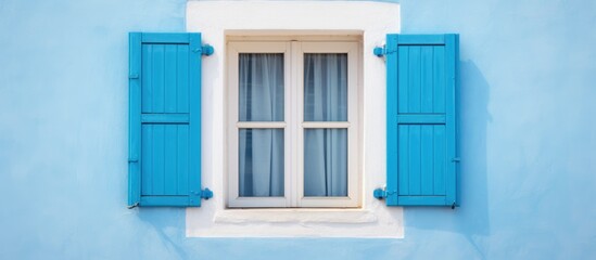 A traditional white wooden window with blue shutters stands out against a blue wall, adding a pop of color to the facade. The window frame is simple and elegant,