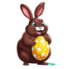 Colorful illustration of a cute fat Easter bunny holding a vivid chocolate Easter egg isolated on a transparent background.