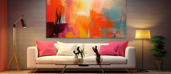 A modern living room featuring a white couch against colored walls, with a striking painting hanging on the wall. The room is styled with large windows and stylish furniture,