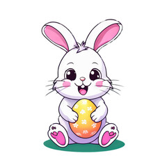 Colorful illustration of a cute Easter bunny holding a vivid chocolate Easter egg isolated on a transparent background.