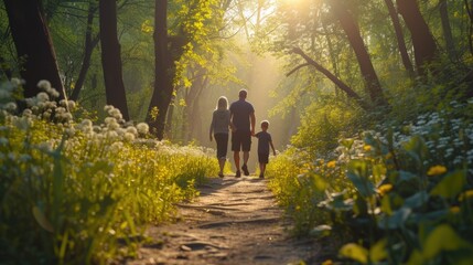 A woman and child stroll through a forest, hand in hand, amidst trees, plants, and natural woodland landscape. AIG41 - obrazy, fototapety, plakaty