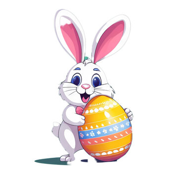 Colorful illustration of a cute Easter bunny holding a vivid chocolate Easter egg isolated on a transparent background.