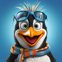 Penguin's Cartoon Headshot Freeze-Frame: Picture a freeze-frame closeup cartoon headshot of an ice-skating сreated with Generative Ai