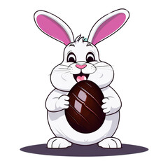 Colorful illustration of a cute fat Easter bunny holding a vivid chocolate Easter egg isolated on a transparent background.