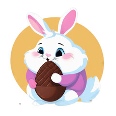 Colorful illustration of a cute fat Easter bunny holding a vivid chocolate Easter egg isolated on a transparent background.