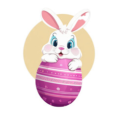 Colorful illustration of a cute Easter bunny holding a vivid chocolate Easter egg isolated on a transparent background.